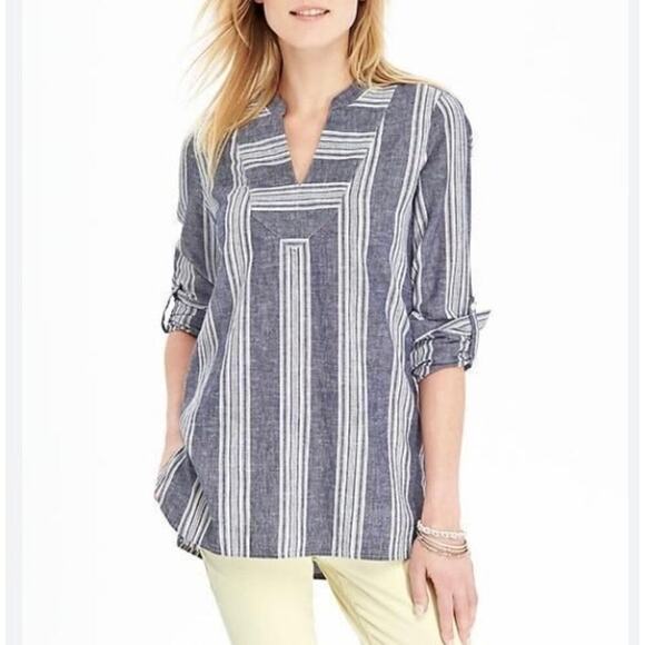 Old Navy Linen Blend Popover Tunic Top Roll-tab Sleeves Navy White Beach Summer - Picture 1 of 16